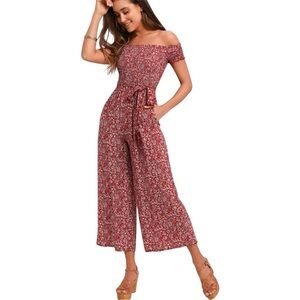 Lulu's Red Floral Off-Shoulder Jumpsuit